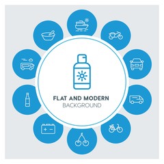 transports, food, drinks, travel Infographic Circle outline Icons Set. Contains such Icons as  business,  website,  elements,  background,  pattern,  banner and more. ..Fully Editable. Pixel Perfect