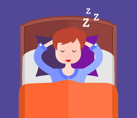 Girl sleeping in her bed. Night. Vector illustration.