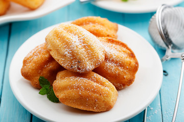 Madeleine - homemade traditional French small cookie on light blue background.