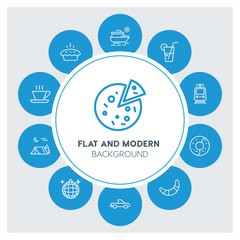 transports, food, drinks, travel Infographic Circle outline Icons Set. Contains such Icons as  business,  website,  elements,  background,  pattern,  banner and more. ..Fully Editable. Pixel Perfect