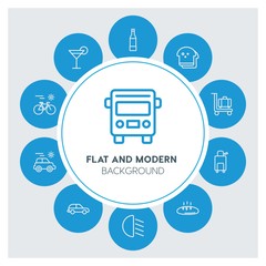 transports, food, drinks, travel Infographic Circle outline Icons Set. Contains such Icons as  business,  website,  elements,  background,  pattern,  banner and more. ..Fully Editable. Pixel Perfect