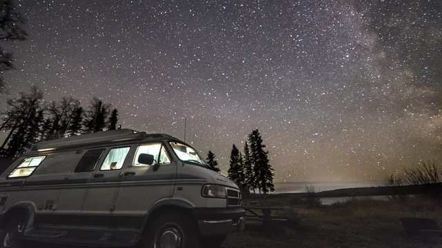 A time lapse of the milky way galaxy passing by with a camper van in the foreground 