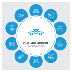 transports, food, drinks, travel Infographic Circle outline Icons Set. Contains such Icons as  business,  website,  elements,  background,  pattern,  banner and more. ..Fully Editable. Pixel Perfect