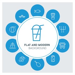 transports, food, drinks, travel Infographic Circle outline Icons Set. Contains such Icons as  business,  website,  elements,  background,  pattern,  banner and more. ..Fully Editable. Pixel Perfect