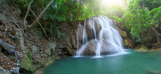 Panoramic beautiful waterfall in green forest in jungle, Thailand