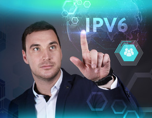 Business, Technology, Internet and network concept. Young businessman working on a virtual screen of the future and sees the inscription: IPv6