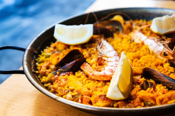 Prawn with rice - closeup of prawn with rice - traditionnal spanish food paella