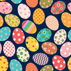 Colorful vector Easter seamless pattern with painted eggs with dots stripes and floral designs on dark blue background