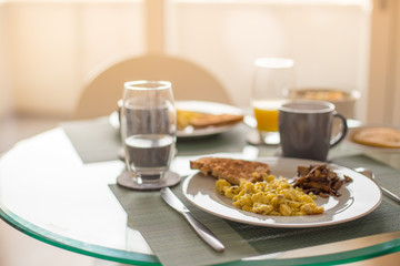 Healthy breakfast with homemade omelet mushroom and bread
