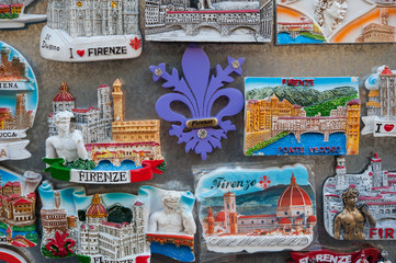 Close up of tourist magnet souvenirs of Florence