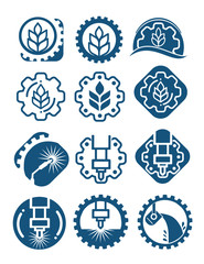 Agriculture logo set with cereal grains and industrial gears. Industrial and agricultural icon isolated with gears, wheat and welding.