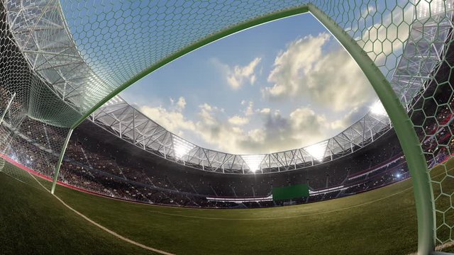 stadium timelapse Moving lights, animated flash with people fans. 3d render illustration sunset sky