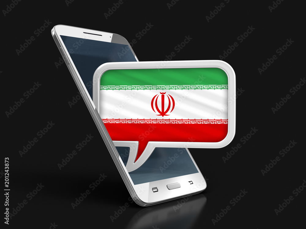 Poster touchscreen smartphone and speech bubble with iranian flag. image with clipping path
