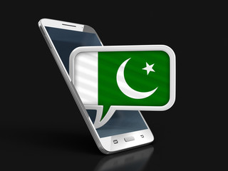 Touchscreen smartphone and Speech bubble with Pakistan flag. Image with clipping path