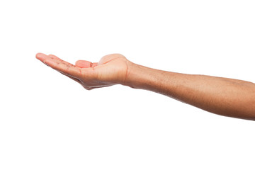 Man holding palm open isolated on white