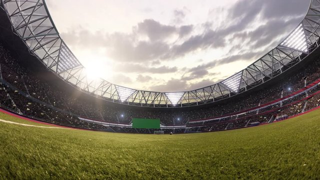 stadium timelapse Moving lights, animated flash with people fans. 3d render illustration sunset sky