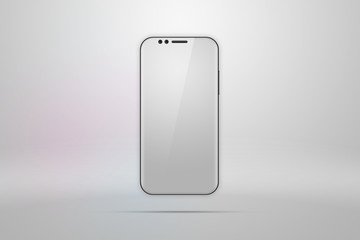 Realistic illustration with a picture of a smartphone on a light background. Design, smartphone, glare. The concept of a layout, design, mobile phone. trend is 2018, mockup, copy space.