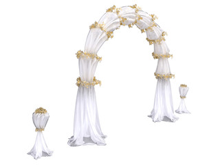 white wedding arch curtain with details in flowers isolated on a black background 3d rendering