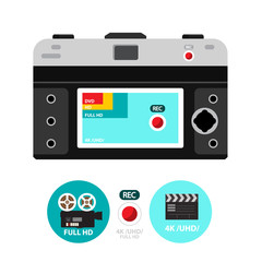 Retro Vector Film Camera Back with 4K - Hd and DVD Icons on Screen