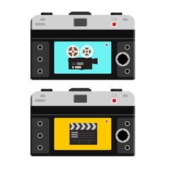 Film Camera and Clapper Board on Back Side of Photo Camera. Footage Recording Icons. Vector Video Devices.