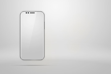Realistic illustration with a picture of a smartphone on a light background. Design, smartphone, glare. The concept of a layout, design, mobile phone. trend is 2018, mockup, copy space.
