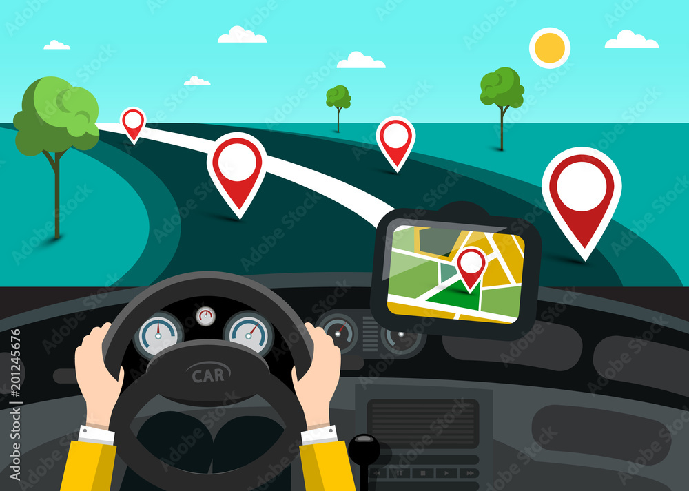 Poster road map with hands on steering wheel and pins on the road. vector gps navigation symbol.