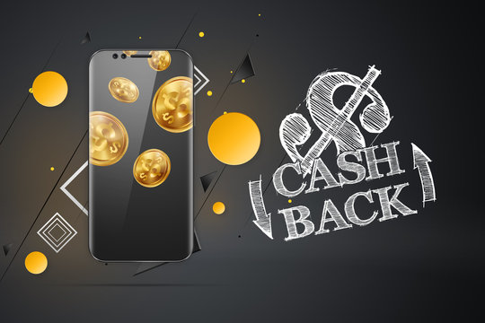 Inscription Cash Back, an image of a smartphone and emblem on a dark background. Business concept, refund, online shopping, mobile banking. finance. White, gold. Illustration, 3d.