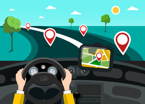 Road Map with Hands on Steering Wheel and Pins on the Road. Vector GPS Navigation Symbol.