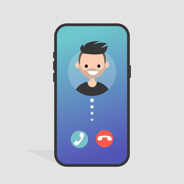 Incoming call. Accept of decline. Mobile phone screen. Gradient background. Millennial lifestyle. Flat editable vector illustration, clip art