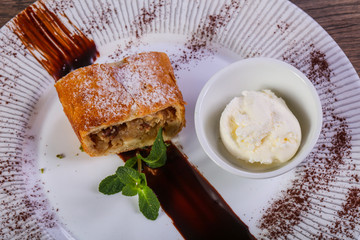 Apple strudel with ice-cream