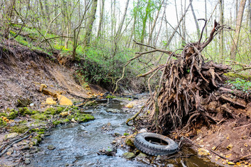 Car tire in a creek in a ravine
