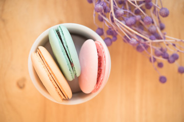 French macaroons with old vintage style present for sweet dessert on snack for happy meal and free time
