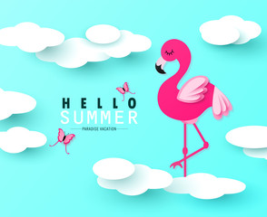 Hello Summer banner with Sweet pink flamingo, butterflies and clouds on blue background. Paper Art. Vector illustration.