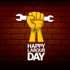 Happy labour day vector label with strong orange fist on red brick wall background. vector happy labor day background or banner with man hand. workers may day poster