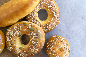 Bakery products on grey background. the view from the top