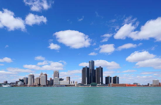 Detroit city center and Renaissance Center during a beautiful day view from Windsor, Ontario, Canada.