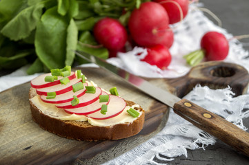 Bread with butter and radish on a wooden Board.