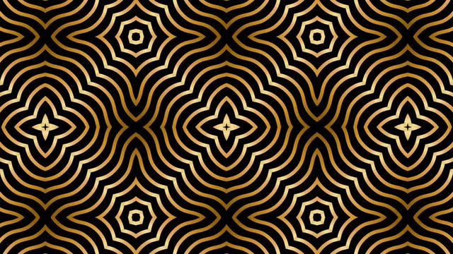 Seamless Art Deco animation of multiple striped rhombus shapes. Loop gold background. 4k.