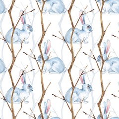 Modèle sans couture avec des lapins blancs et des branches sèches. Illustration à l& 39 aquarelle