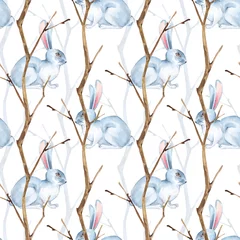Papier Peint photo Lapin Modèle sans couture avec des lapins blancs et des branches sèches. Illustration à l& 39 aquarelle