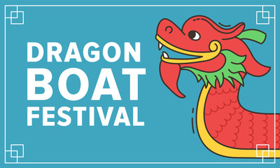 Dragon boat festival vector illustration, 5th day of May. Cartoon character of chines dragon on white background.  Horizontal banner