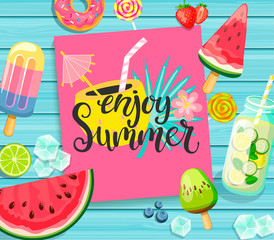Enjoy Summer card with lettering on blue wooden background with lemonade, detox, watermelon, ice, donut, ice cream, lime and candy. Vector Illustration.