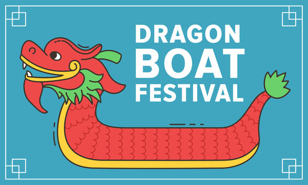 Dragon Boat Festival Vector Illustration, 5th Day Of May. Cartoon Character Of Chines Dragon On White Background.  Horizontal Banner