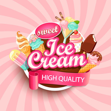 Colorful Ice cream shop logo label or emblem in caartoon style for your design on suburst background. Vector illustration.