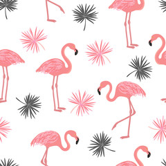 Seamless pattern with flamingo and palm leaves. Vector tropical background.