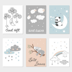 Set of night cards with cute cartoon animals, stars and moon. Posters for baby rooms. Sweet dreams vector illustrations.