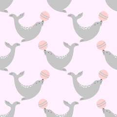 Seamless circus pattern with cute seal with ball. Vector childish background.