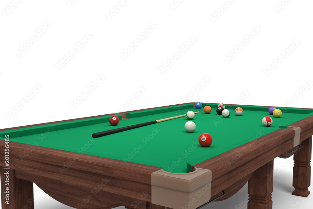 Poster 3d rendering of an isolated billiard table in side view with a full set of sticks and balls in its s
