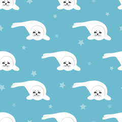Seamless cute cartoon baby Seal Pup pattern. Vector background.