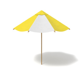 3d rendering of an isolated beach umbrella with white and yellow stripes on white background.